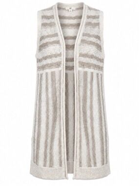 GAP Knit Duster Vest Small Ivory Taupe Striped Open Front Cotton Ramie